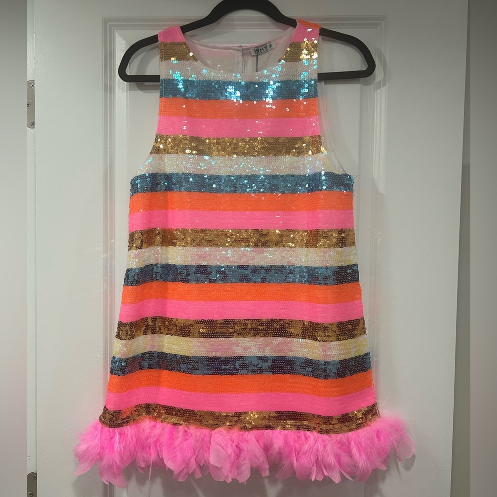Sequin Mini Dress with Pink Feather Hem
